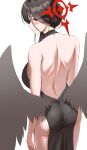 1girl ass backless_dress backless_outfit bare_back bare_shoulders black_dress black_hair black_wings blue_archive blush breasts dress earrings evening_gown feathered_wings hair_between_eyes halo hasumi_(blue_archive) highres jewelry large_breasts long_hair long_hair_between_eyes looking_at_viewer low_wings panzaa red_eyes red_halo solo thighs very_long_hair wings 