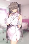  1girl absurdres bangs blunt_bangs blurry blurry_background blush breasts dress gloves green_hair hanasaka_houcha highres id_card large_breasts long_hair looking_at_viewer nurse one_eye_closed open_mouth original purple_eyes side_slit solo stethoscope twintails 