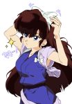  1girl adjusting_clothes adjusting_headwear blue_kimono blush_stickers bow brown_hair collarbone commentary hair_bow japanese_clothes kimono kis0w0 kuonji_ukyou long_hair motion_lines ranma_1/2 simple_background solo translation_request white_background white_bow 