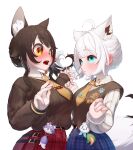  ahoge alternate_hair_length_(shorter) animal_ear_fluff animal_ear_piercing animal_ears appleblossomtea badge black_hair blue_eyes blue_sky blush brown_sweater brown_vest character_charm charm_(object) check_commentary closed_mouth commentary_request ear_blush entangled extra_ears eye_contact fox_ears fox_girl fox_tail from_side full-face_blush heart_hair_duo highres hololive long_sleeves looking_at_another matching_outfits medium_hair miofa_(ookami_mio) multicolored_hair necktie official_alternate_costume official_alternate_hairstyle ookami_mio ookami_mio_(10th_costume) open_mouth orange_eyes plaid_clothes plaid_skirt pleated_skirt red_skirt red_streaks school_uniform shirakami_fubuki shirakami_fubuki_(11th_costume) shirt side_ponytail sidelocks simple_background single_hair_streak skirt sky streaked_hair striped_clothes striped_shirt sukonbu_(shirakami_fubuki) sweater sweater_vest tail upper_body vest virtual_youtuber white_background white_hair white_shirt wolf_ears yellow_eyes yellow_necktie yuri 