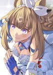  +_+ 1girl absurdres almond_eye_(the_changer)_(umamusume) almond_eye_(umamusume) animal_ears blue_eyes blue_gloves blush bow_hairband braid braided_sidelocks breasts bright_pupils brown_hair cleavage closed_mouth colored_inner_hair commentary_request detached_sleeves dress fingerless_gloves gloves hair_between_eyes hair_ornament hairband hairclip highres horse_ears horse_girl kento_(kentdrawing) long_hair medium_breasts multicolored_hair running sidelocks smile solo sparkle symbol-shaped_pupils umamusume white_hairband white_pupils x-shaped_pupils 