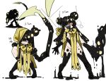  1girl absurdres bbizim03 black_hair black_sclera colored_sclera commentary double_bun english_commentary hair_bun hair_over_one_eye highres monster_girl personification reference_inset sharp_teeth slay_the_spire slay_the_spire_2 slime_(substance) slime_girl tail tail_blade teeth tongue vantom_(slay_the_spire) yellow_hood 