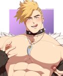  1boy abs alternate_costume artist_name bara blonde_hair blue_eyes chou_(mobile_legends) coat collar covered_nipples eddlayer feet_out_of_frame fingerless_gloves gloves grabbing highres jewelry large_pectorals male_focus manly mature_male mobile_legends:_bang_bang muscular muscular_male necklace nipple_piercing nipple_pull nipple_rings nipples official_alternate_costume open_mouth pectoral_grab pectorals piercing short_hair signature simple_background solo spiked_collar spiked_hair spikes teeth tongue tongue_out tooth_necklace undercut upper_body 