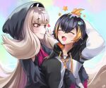  2girls ^_^ black_hair black_headwear black_jacket blush closed_eyes fish_hair_ornament grey_hair hair_ornament heart hechium highres hood hooded_jacket hug jacket long_hair looking_at_another multicolored_clothes multicolored_jacket multiple_girls neckerchief nijisanji nijisanji_en orange_hair parted_lips petra_gurin purple_eyes reimu_endou sailor_collar shirt short_hair sleeves_past_fingers sleeves_past_wrists smile two-tone_jacket very_long_hair virtual_youtuber white_jacket white_shirt yellow_neckerchief yuri 