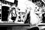  2girls ahoge alcohol alma_armas an&#039;no_natsume bar bartender bottle cup drinking_glass glasses greyscale jill_stingray long_hair monochrome multiple_girls necktie sitting sweater talking twintails va-11_hall-a wine wine_bottle wine_glass 