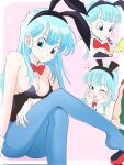  1boy 1girl animal_ear_hairband animal_ears applying_lipstick applying_makeup aqua_eyes aqua_hair black_leotard blue_pantyhose blush border bow bowtie breasts bulma cleavage closed_mouth commentary compact_(cosmetics) cosmetics detached_collar dragon_ball dragon_ball_(classic) fake_animal_ears hairband hands_on_own_face heart high_heels highleg highleg_leotard highres holding holding_compact holding_lipstick_tube legs leotard lipstick_tube long_hair looking_at_viewer medium_breasts multiple_views official_alternate_costume one_eye_closed open_mouth outside_border pantyhose pink_background pink_lips playboy_bunny rabbit_ear_hairband rabbit_ears red_bow red_bowtie red_shoes shoes smile solo_focus strapless strapless_leotard thighs white_border wrist_cuffs xenodoujin yamcha 