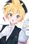  ! 1boy 1girl ahoge bass_clef black_hat black_outline black_vest blue_eyes blush bottle chibi collared_shirt commentary_request dress_shirt dutch_angle gloves hair_between_eyes hat highres holding holding_bottle holding_whistle kagamine_len kagamine_rin looking_at_viewer male_focus mani_(manidrawings) open_mouth outline plastic_bottle shirt short_hair short_sleeves sidelocks simple_background solo_focus translation_request upper_body vest vocaloid water_bottle whistle white_background white_gloves white_shirt 