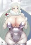  1girl absurdres animal_ears blue_eyes breasts cleavage fake_animal_ears gloves hat highres holding huge_breasts kaos_art leotard looking_at_viewer melony_(pokemon) playboy_bunny poke_ball pokemon rabbit_ears solo 