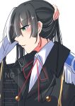  1girl absurdres black_hair commentary_request dmc_tales2006 epaulettes from_side green_eyes hand_in_own_hair heaven_burns_red highres long_hair military_uniform natsume_inori neck neck_ribbon red_ribbon ribbon shirt simple_background white_background white_shirt 