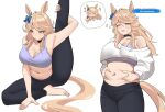  1girl animal_ears arm_up belly black_choker black_leggings blonde_hair blue_bow blue_eyes blush bow breasts choker cleavage commentary ear_bow english_commentary english_text exercising gold_city_(umamusume) horse_ears horse_girl horse_tail large_breasts leggings long_hair long_sleeves multiple_views navel off_shoulder open_mouth pinching_own_belly pinepin puffy_long_sleeves puffy_sleeves purple_sports_bra second-party_source shirt simple_background single_bare_shoulder speech_bubble sports_bra stomach swept_bangs tail thought_bubble umamusume white_background white_shirt yellow_tail yoga 