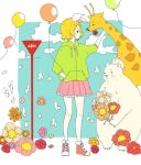  1girl artist_request balloon bear blonde_hair blush bow cloud cloudy_sky giraffe green_jacket hair_bow jacket kagamine_rin kagamine_rin_(melancholy) melancholic_(vocaloid) non-web_source petting polar_bear rabbit sign sky solo vocaloid 