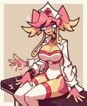anthro audino big_breasts breasts choker cleavage clothed clothing coat female generation_5_pokemon hat headgear headwear inviting_viewer jewelry legwear motion_lines necklace nintendo notyoursagittarius nurse_clothing nurse_hat nurse_headwear pokemon pokemon_(species) sitting slapping_own_thigh solo stockings topwear