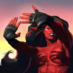  1girl \||/ black_hair breasts colored_skin double_\||/ fingerless_gloves gloves hand_shadow_covering_breasts_(meme) highres large_breasts long_hair marvel meme multicolored_hair muscular muscular_female navel nude outstretched_arms parted_lips red_hair red_she-hulk red_skin redrollerball12 shadow shadow_censor solo spread_fingers streaked_hair two-tone_hair upper_body yellow_eyes 