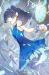  1girl bare_shoulders blue_dress blue_eyes blue_feathers commentary cowboy_shot dress falling_feathers feathers frilled_dress frills from_side grey_background hair_ornament half_updo highres icy_(love_live!) link!_like!_love_live! long_hair looking_at_viewer love_live! murano_sayaka pantyhose pocket_watch profile roman_numeral short_dress sleeveless sleeveless_dress solo star_(symbol) star_hair_ornament virtual_youtuber watch white_pantyhose zen66574227 