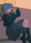  1girl arms_up black_serafuku black_socks blue_eyes blue_hair commentary_request eyes_visible_through_hair full_body highres hinomori_shizuku ichigo_ichie_na_hyakki_yagyou!?_(project_sekai) kneehighs long_sleeves looking_at_viewer lying mole mole_under_mouth neckerchief official_alternate_costume official_alternate_hairstyle on_side parted_lips project_sekai sailor_collar school_uniform serafuku short_hair sideways_glance skirt socks solo uminokaisen 