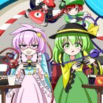  4girls animal_ears blue_shirt cat_ears cosplay extra_ears frilled_sleeves frills green_hair green_skirt hair_ornament hairband hat heart heart_hair_ornament heart_of_string kaenbyou_rin komeiji_koishi komeiji_satori luigi luigi_(cosplay) mario mario_(cosplay) mario_(series) mario_kart multiple_girls multiple_tails pink_hair pink_skirt reiuji_utsuho shirt skirt tail third_eye touhou wide_sleeves yellow_shirt zenji029 