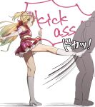  2girls anyoji_hime bare_shoulders boots commentary_request english_text full_body highres hino_(hinonoq) hip_hip_hooray!_(love_live!) kicking knee_boots leg_up link!_like!_love_live! love_live! midriff miniskirt multi-tied_hair multiple_girls one_side_up osawa_rurino pink_shirt pink_skirt ponytail shirt simple_background skirt solo_focus sound_effects too_literal white_background white_boots 