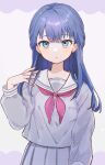  1girl alternate_hair_length_(longer) blue_eyes blue_hair blush closed_mouth cowboy_shot grey_serafuku grey_shirt grey_skirt hand_up highres inori_no_saki_negau_ashita_wa_(project_sekai) kiritani_haruka long_hair looking_at_viewer miyamasuzaka_girls'_academy_school_uniform neckerchief official_alternate_hairstyle pleated_skirt project_sekai red_neckerchief sailor_collar school_uniform serafuku shirt sidelocks skirt solo uminokaisen white_sailor_collar 