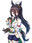 1girl ahoge animal_ears black_gloves black_hair blue_shorts blush bow braid breasts cesario_(future_weaver)_(umamusume) cesario_(umamusume) cesario_(umamusume)_(cosplay) closed_mouth collared_shirt commentary_request cosplay crown_braid gloves green_vest hair_between_eyes highres horse_ears horse_girl horse_tail jacket long_bangs long_hair long_hair_between_eyes long_sleeves looking_at_viewer manhattan_cafe_(umamusume) multicolored_hair shirt shorts simple_background smile solo tail umamusume very_long_hair vest white_background white_hair white_jacket yellow_eyes yuusen_(aenka) 