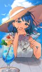  1girl blue_eyes blue_hair cherry colorful_festival_(project_sekai) commentary_request dress drinking_straw food fruit hair_ribbon hat highres holding holding_spoon ice_cream ice_cream_float ice_cream_spoon kiritani_haruka looking_at_viewer medium_hair mint open_mouth project_sekai ribbon sidelocks sleeveless sleeveless_dress solo spoon straw_hat table uminokaisen white_dress white_ribbon 
