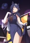  1girl absurdres animal_ears astra_chichi black_jacket blue_dress blue_eyes blue_hair blurry bokeh breasts bright_pupils closed_mouth commentary_request depth_of_field dress elbow_gloves from_below gloves highres holding_own_dress horse_ears horse_girl jacket jacket_on_shoulders looking_at_viewer night side_slit smile solo standing umamusume verxina_(umamusume) white_gloves white_pupils 