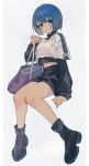  1girl absurdres bag black_boots black_shirt black_shorts blue_eyes blue_hair blush boots full_body hand_up highres holding holding_bag invisible_chair kiritani_haruka long_sleeves looking_at_viewer midriff_peek parted_lips project_sekai shirt short_hair shorts simple_background sitting smile solo uminokaisen white_background white_shirt 