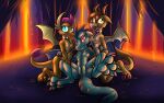  absurd_res anus bassybefuddle breasts dragon female female/female feral friendship_is_magic genitals group hand_on_butt hasbro hi_res horn kneeling lava leash_and_collar looking_at_viewer lying my_little_pony nipples ocellus_(dragon_form) ocellus_(mlp) on_back presenting princess_ember_(mlp) pussy smolder_(mlp) spread_legs spread_wings spreading trio wings 