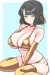  1girl alternate_costume bikini black_hair blue_background blunt_bangs blunt_ends bob_cut border breasts commentary_request elbow_gloves foot_out_of_frame gloves gold_bikini gold_gloves gold_ribbon gold_thighhighs golden_week green_eyes hair_ribbon highres huge_breasts link!_like!_love_live! love_live! micro_bikini momose_ginko outside_border ribbon rokoroko_65 short_hair simple_background sitting solo strap_gap string_bikini swimsuit v-shaped_eyebrows virtual_youtuber wariza white_border 