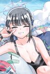  1girl absurdres arm_at_side armpit_crease artist_name black_camisole black_hair blue_archive blue_sky breasts camisole cleavage closed_eyes commentary dated day english_commentary facing_viewer grin halo hand_up highres large_breasts long_hair mixed-language_commentary nanaeljustice no_bra outdoors playing_with_own_hair purple_halo ring_of_light_(blue_archive) saori_(blue_archive) saori_(swimsuit)_(blue_archive) sky smile solo wispy_bangs 