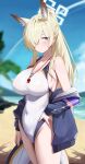  1girl absurdres animal_ears armband beach blonde_hair blue_archive blue_halo blue_sky breasts competition_swimsuit cowboy_shot dog_ears dog_girl extra_ears hair_over_one_eye halo highleg highleg_one-piece_swimsuit highres kanna_(blue_archive) kanna_(swimsuit)_(blue_archive) large_breasts long_hair off_shoulder official_alternate_costume one-piece_swimsuit outdoors purple_armband sky solo swimsuit user_505240092 whistle whistle_around_neck white_one-piece_swimsuit 