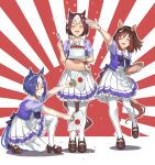  3girls animal_ears beruu birthday_cake blue_hair blush bow bowtie braid brown_shoes buena_vista_(umamusume) cake cesario_(umamusume) closed_eyes closed_mouth commentary_request crown_braid ear_covers food fork hair_between_eyes happy_birthday highres holding holding_fork holding_plate horse_ears horse_girl horse_tail loafers medium_hair multicolored_hair multiple_girls on_one_knee open_mouth plate pleated_skirt purple_bow purple_bowtie purple_shirt sailor_collar sailor_shirt school_uniform shirt shoes short_hair skirt smile special_week_(umamusume) standing streaked_hair tail thighhighs tracen_school_uniform umamusume umamusume_horse_relations white_sailor_collar white_skirt white_streaks white_thighhighs 