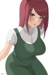  1girl absurdres blue_eyes blush breasts byeon dress green_dress hair_ornament hairclip highres large_breasts lips long_hair looking_at_viewer mature_female naruto naruto_(series) naruto_shippuuden parted_lips pinafore_dress raised_eyebrows red_hair short_sleeves simple_background sitting solo straight_hair twitter_username uzumaki_kushina white_background 