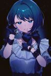  1girl black_background black_bow blue_eyes blue_hair blush bow bowtie braid detached_sleeves earrings highres jewelry kiritani_haruka looking_at_viewer official_alternate_costume parted_lips project_sekai sekai_no_housekibako shirt short_hair short_sleeves single_earring smile solo uminokaisen upper_body white_shirt wrist_bow 