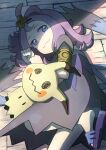  1girl :3 acerola_(pokemon) armlet black_dress blue_eyes commentary_request drawn_eyes dress hair_ornament highres jewelry long_hair looking_at_viewer lying mimikyu on_floor on_side pokemon pokemon_(creature) pokemon_sun_and_moon purple_hair purple_shoes sandals shoes smile stitches topknot wooden_floor yksm_pngn z-ring 