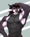  abs anthro captainjohkid clothed clothing countershading dragon hair hi_res horn male muscular muscular_anthro muscular_male pecs solo 
