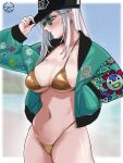  1girl atziid69 baseball_cap bikini black_hat blurry blurry_background blush border breasts cleavage collarbone commentary cowboy_shot gold_bikini golden_week green-tinted_eyewear green_eyes green_jacket grey_hair hand_in_pocket hand_up hat highres hololive hololive_indonesia jacket large_breasts lips long_hair long_sleeves navel no_pants no_shirt open_clothes open_jacket outside_border pavolia_reine profile sidelocks solo stomach string_bikini sunglasses swimsuit tatang_(pavolia_reine) tinted_eyewear virtual_youtuber white_border yellow-framed_eyewear 