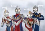  1996 1997 1998 4boys alien artist_name blue_gem blue_skin character_logo character_name chest_guard clenched_hand color_timer colored_skin commentary compound_eyes crossed_arms crystal dorsal_fin fighting_stance forehead_jewel gem giant giant_male glowing glowing_eyes gold_trim hands_up highres hunched_over in-franchise_crossover looking_at_viewer male_focus multicolored_skin multiple_boys no_pupils pectorals purple_skin red_skin side-by-side signature silver_skin standing tokusatsu toned toned_male two-tone_skin ultra_series ultraman_agul ultraman_dyna ultraman_dyna_(flash_type) ultraman_dyna_(series) ultraman_gaia ultraman_gaia_(series) ultraman_tiga ultraman_tiga_(multi_type) ultraman_tiga_(series) ultrataku upper_body white_background white_eyes wrinkled_skin 