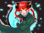  1girl animal_ears black_bow bow braid cat_ears cat_tail dress extra_ears fang green_dress hair_bow highres kaenbyou_rin kashiwara_mana long_sleeves multiple_tails nekomata pointy_ears red_eyes red_hair smile solo tail touhou twin_braids two_tails 