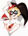  1girl adapted_costume arm_up black_gloves blonde_hair blue_eyes breast_curtains breasts commentary cropped_torso dc_comics domino_mask english_commentary eye_mask gloves harley_quinn highres large_breasts looking_at_viewer mask open_mouth pom_pom_(clothes) simple_background solo sunset_nivaris tongue upper_body white_background wrist_ruff 
