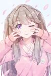  1girl bloom_garden_party_jacket brown_hair commentary_request criss-cross_halter double_middle_w falling_petals finger_counting fujishima_megumi hair_intakes halterneck highres hood hood_down hooded_jacket jacket link!_like!_love_live! long_hair looking_at_viewer love_live! matsurugi_tsukasa middle_w petals pink_jacket pink_petals purple_eyes solo two_side_up upper_body virtual_youtuber w 