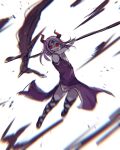  1girl black_sclera colored_sclera colored_skin demon_girl demon_horns dress glowing glowing_eyes grey_skin highres higyaku_no_noel holding holding_scythe horns nanoko purple_hair red_eyes scythe sharp_teeth short_hair smile spica_(higyaku_no_noel) teeth 