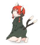  1girl animal_ears ass barefoot bow braid cat_ears cat_tail dress extra_ears forked_tail hair_bow kaenbyou_rin nanana_(chicken_union) nekomata pointy_ears red_eyes red_hair solo tail touhou twin_braids 