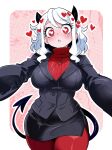 1girl absurdres black_horns black_suit black_tail blush border breasts commentary demon_girl demon_horns demon_tail formal_clothes heart heart-shaped_pupils helltaker highres horns large_breasts long_sleeves looking_at_viewer master67silver modeus_(helltaker) open_mouth pantyhose red_eyes red_pantyhose red_sweater ribbed_sweater skirt solo suit sweater symbol-shaped_pupils tail thick_thighs thighs white_border white_hair wide_hips 