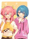  2girls blue_eyes blue_hair blush cowboy_shot crop_top cropped_shirt drawstring highres hood hood_down hoodie kiritani_haruka long_hair looking_to_the_side momoi_airi multiple_girls one_eye_closed open_mouth pink_hair pink_hoodie project_sekai shirt short_hair sidelocks smile sweat two_side_up uminokaisen very_long_hair yellow_shirt 