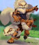  2022 abs ambiguous_gender anthro arcanine canid canine claws duo fangs feral generation_1_pokemon male mammal muscular muscular_anthro muscular_male nintendo nude obliques outside pawpads paws pecs pokeball pokemon pokemon_(species) red_eyes video_games zephyxus 