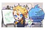  2boys axel_syrios axel_syrios_(1st_costume) azuma_shiro black_jacket blonde_hair blue_eyes blue_hair blush censored chibi chibi_only clock commentary_request drawing_(object) easel fingerless_gloves from_behind gloves heart highres holding holding_marker holding_paper holostars holostars_english hood hoodie indoors jacket long_sleeves male_focus marker mosaic_censoring multicolored_hair multiple_boys orange_gloves paper red_hair regis_altare sparkle thumbs_up upper_body virtual_youtuber wall_clock white_hoodie 