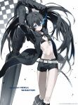  1girl belt bikini bikini_top_only black_hair black_jacket black_rock_shooter black_rock_shooter_(character) black_shorts blue_eyes copyright_name flat_chest glowing glowing_eye hair_over_eyes highres holding holding_weapon jacket kaukrtya0915 long_hair looking_at_viewer open_clothes open_jacket scar short_shorts shorts solo swimsuit watermark weapon white_belt 