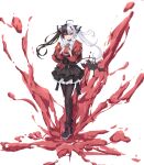  1girl :o absurdres adkls ahoge ankle_boots black_boots black_choker black_hair black_pantyhose black_skirt boots choker commentary_request drink_carton eyeshadow frilled_skirt frills full_body hair_ornament heart heart_hair_ornament highres holding juice juice_box lacrimosa_(neverness_to_everness) long_hair long_sleeves looking_at_viewer makeup multicolored_hair neverness_to_everness open_mouth pantyhose red_eyes red_eyeshadow simple_background skirt solo tomato_juice twintails two-tone_hair very_long_hair white_background white_hair x_hair_ornament 