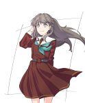  1girl aqua_neckerchief arm_behind_back arm_up brown_dress brown_hair closed_mouth cowboy_shot dress fujishima_megumi grey_eyes hasu_no_sora_school_uniform highres link!_like!_love_live! long_hair long_sleeves love_live! medium_dress neckerchief pleated_dress sailor_collar sailor_dress school_uniform simple_background smile solo standing toono2145 two_side_up virtual_youtuber white_background white_eyes white_sailor_collar winter_uniform 