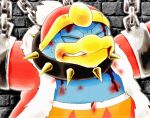 anthro avian bdsm beak bird blood blue_body blue_feathers bodily_fluids bondage bound chained_to_wall chasoba11 clothed clothing collar cuff_(restraint) detailed_background eyes_closed feathers hat headgear headwear japanese_description king_dedede kirby:_right_back_at_ya! kirby_(series) male mature_anthro mature_male nintendo overweight overweight_anthro overweight_male penguin restraints robe shackles solo spiked_collar spikes teeth torn_clothing yellow_beak